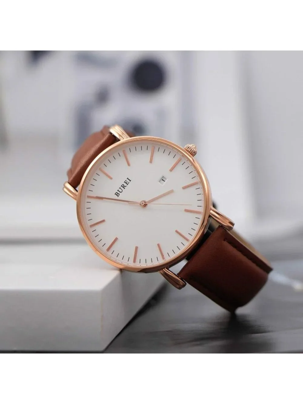 Men's White And Brown Band Mesh Strap Minimalist Analog Quartz Waterproof Watch